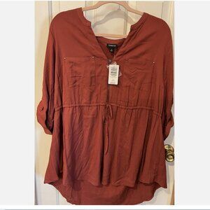 Torrid High Low Drawstring Half Zip 3/4 Sleeve Stretch Tunic Brown Sz 1X